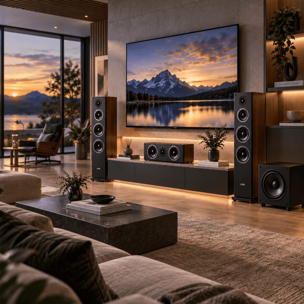Home audio system with center speaker surround speakers and subwoofer