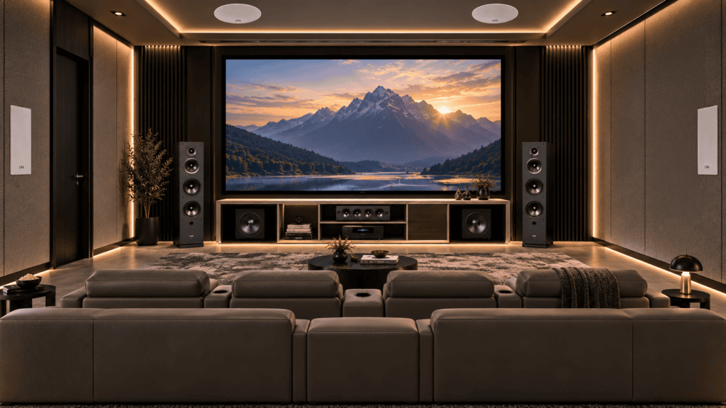 Home audio system speaker types including bookshelf floorstanding in-wall and in-ceiling speakers